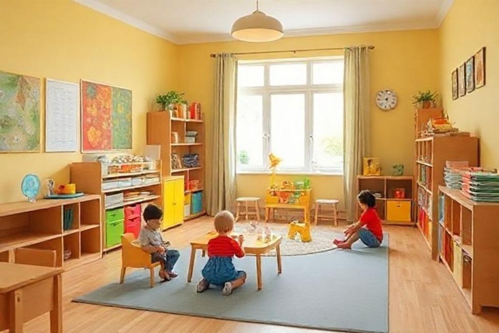 Crianças brincando em um ambiente escolar acolhedor.