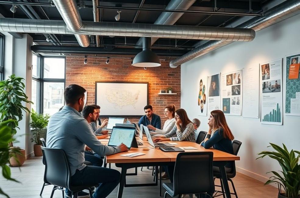 Profissionais de marketing colaborando em um ambiente criativo.