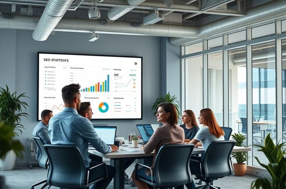 Um ambiente de escritório moderno onde equipes estão colaborando em estratégias de SEO.