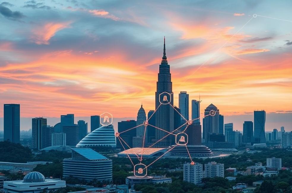 Cidade moderna de Brasília com elementos digitais representando interações de marketing.