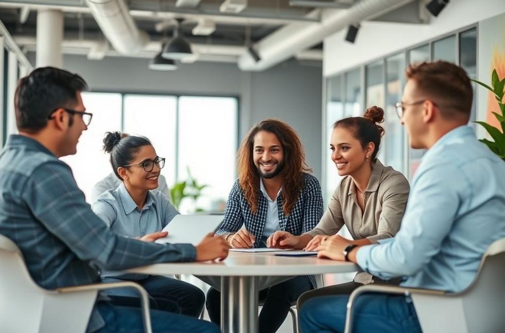 Empreendedores em um ambiente de escritório, colaborando em estratégias de marketing.