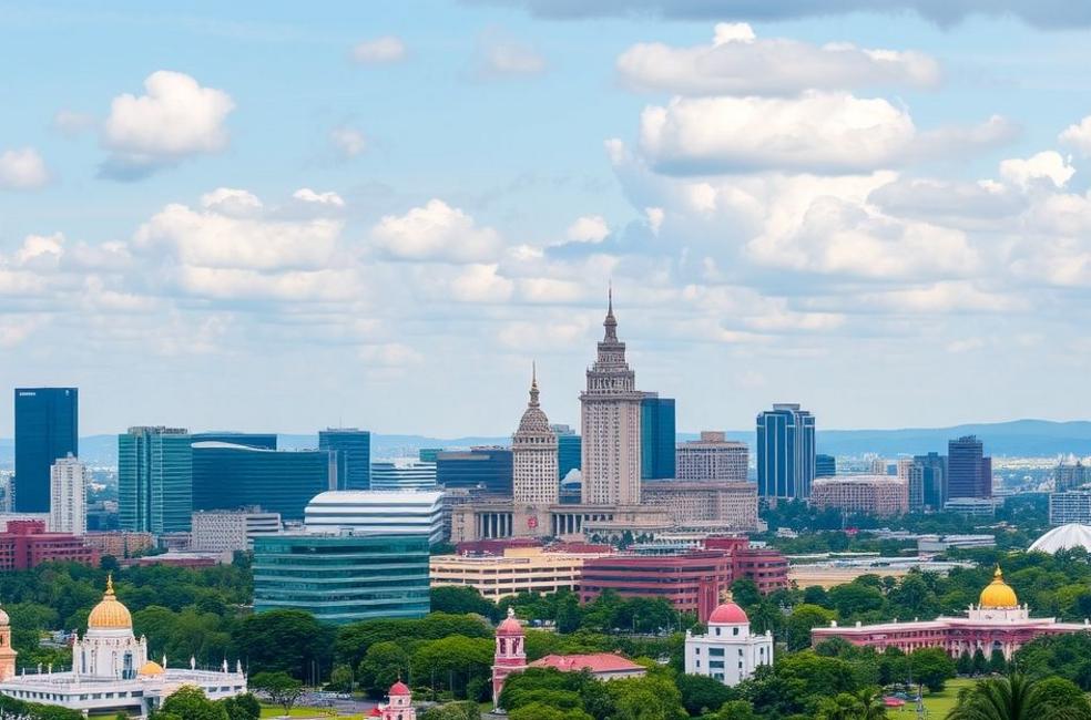 Vista da cidade de Brasília com edifícios e comércio ativo.