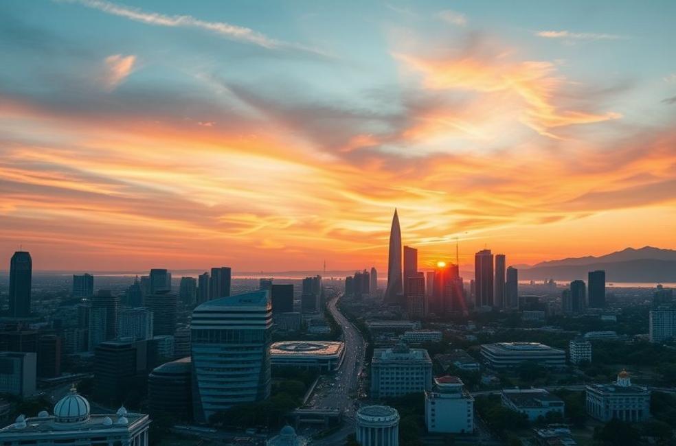 Vista panorâmica do horizonte de Brasília ao pôr do sol, representando inovação e marketing digital.