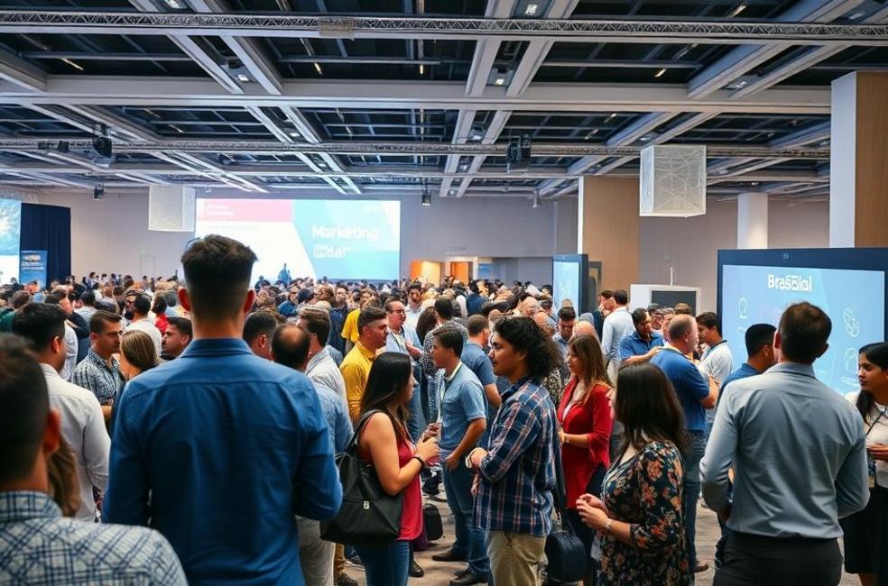 Profissionais de marketing debatendo estratégias digitais em uma conferência em Brasília.