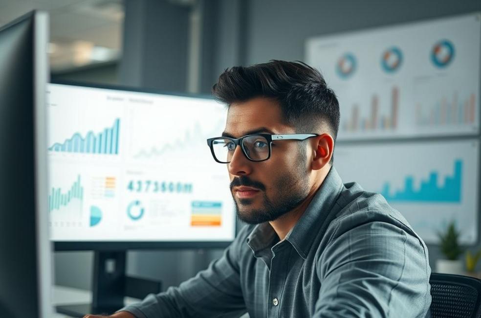 Empresário analisando gráficos de desempenho.