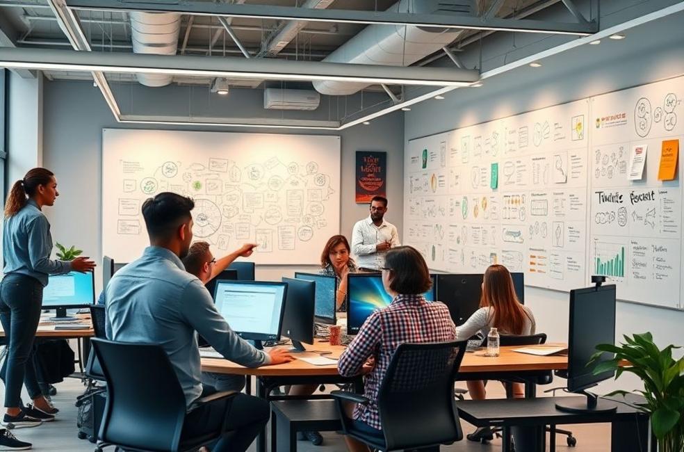 Profissionais de marketing digital em Brasília trabalhando em equipe.