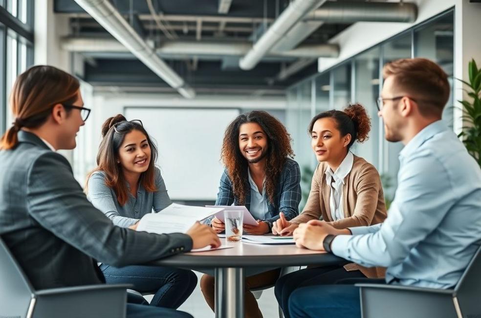Grupo de profissionais organizando um plano de marketing digital.